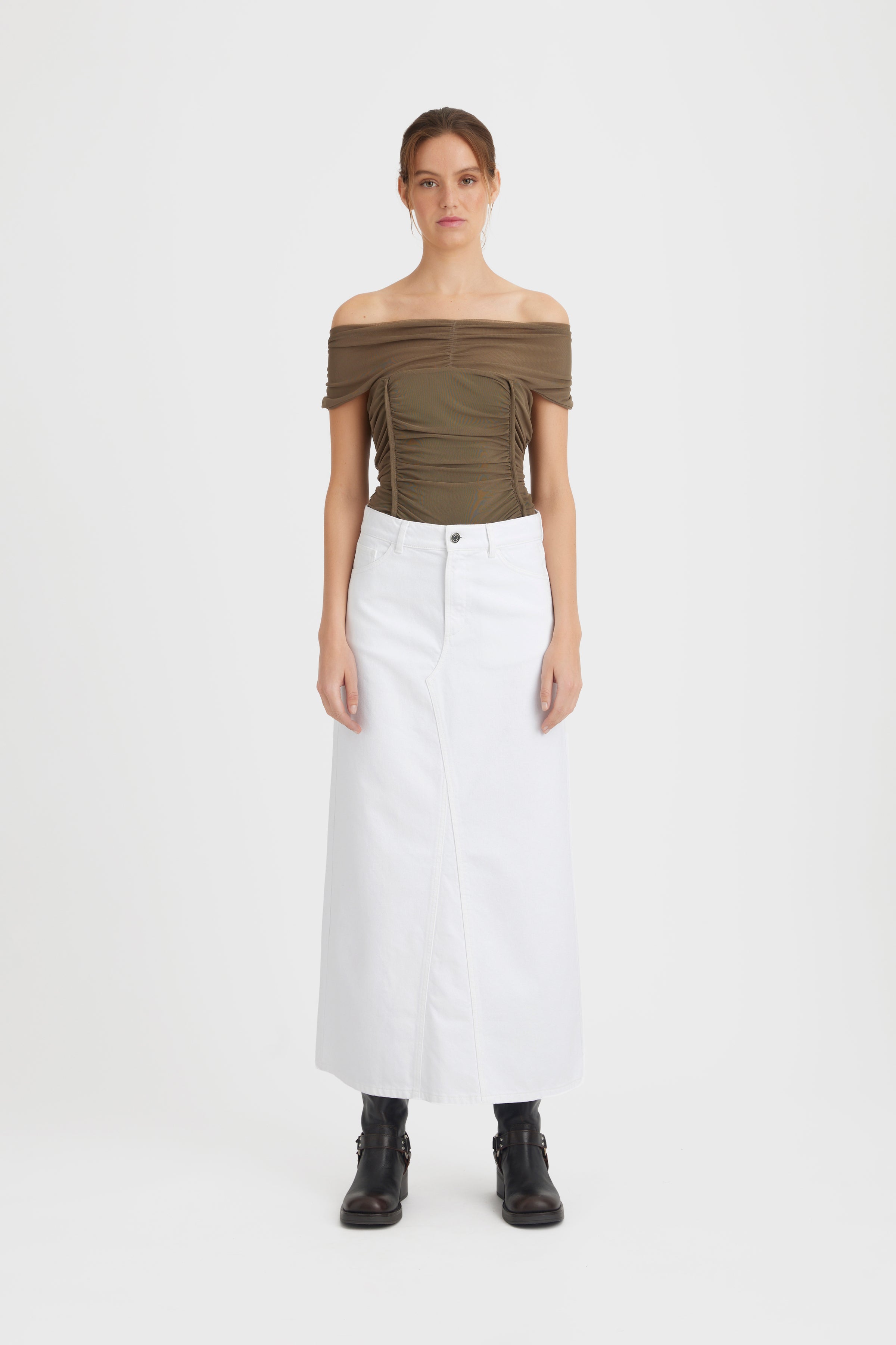 Mily lang denimnederdel - White wash