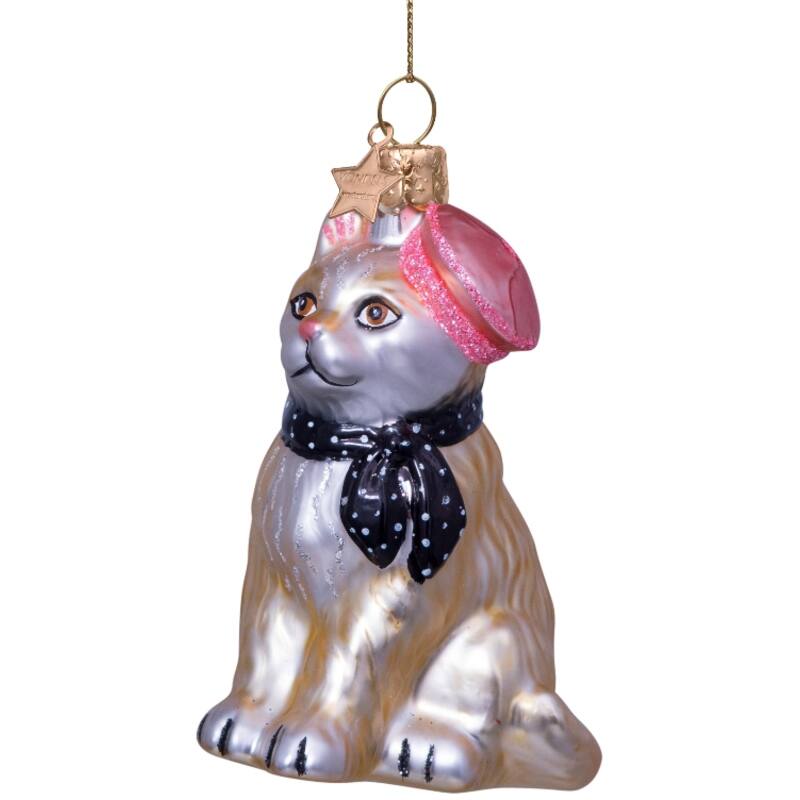 Kat m. barret og tørklæde juleophæng - H8,5 cm.