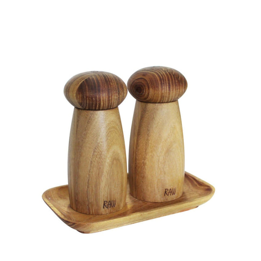 Keramisk salt- og peberkværn med bakke - Teak