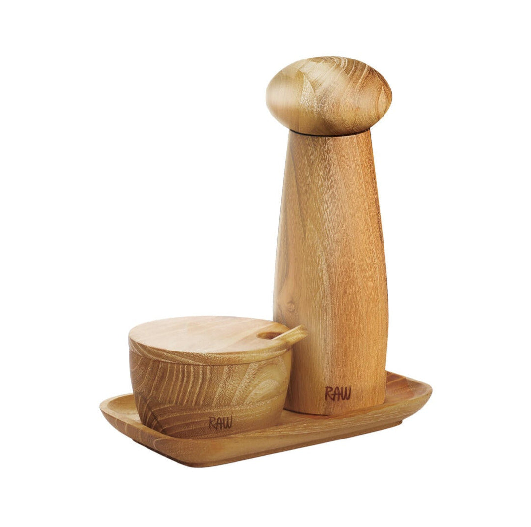 Keramisk peberkværn med bakke og saltkar - Teak