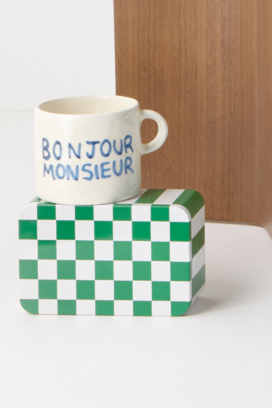 Tin beholder, L17 cm - Green and Off-white