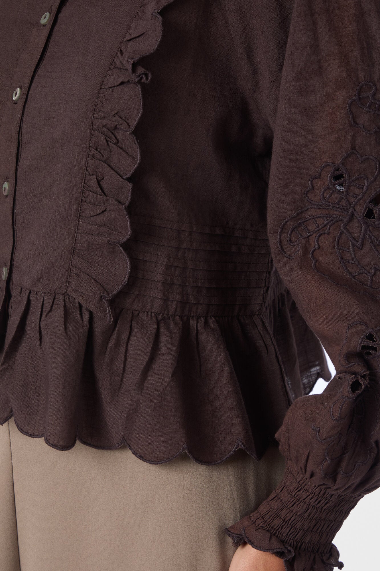 Petrine Embroidery bluse - mørkebrun