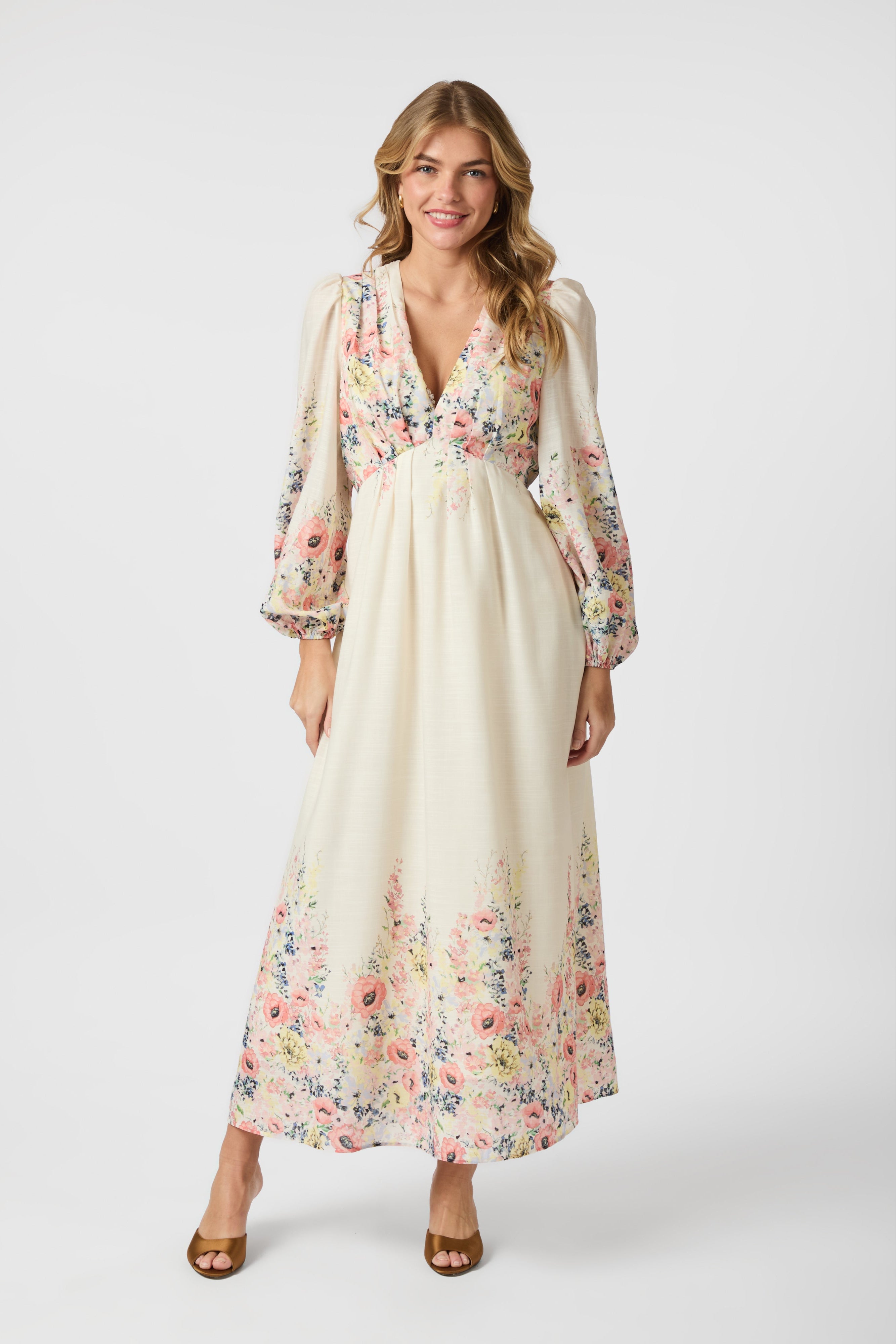 Silfi Flower Print kjole - Creme