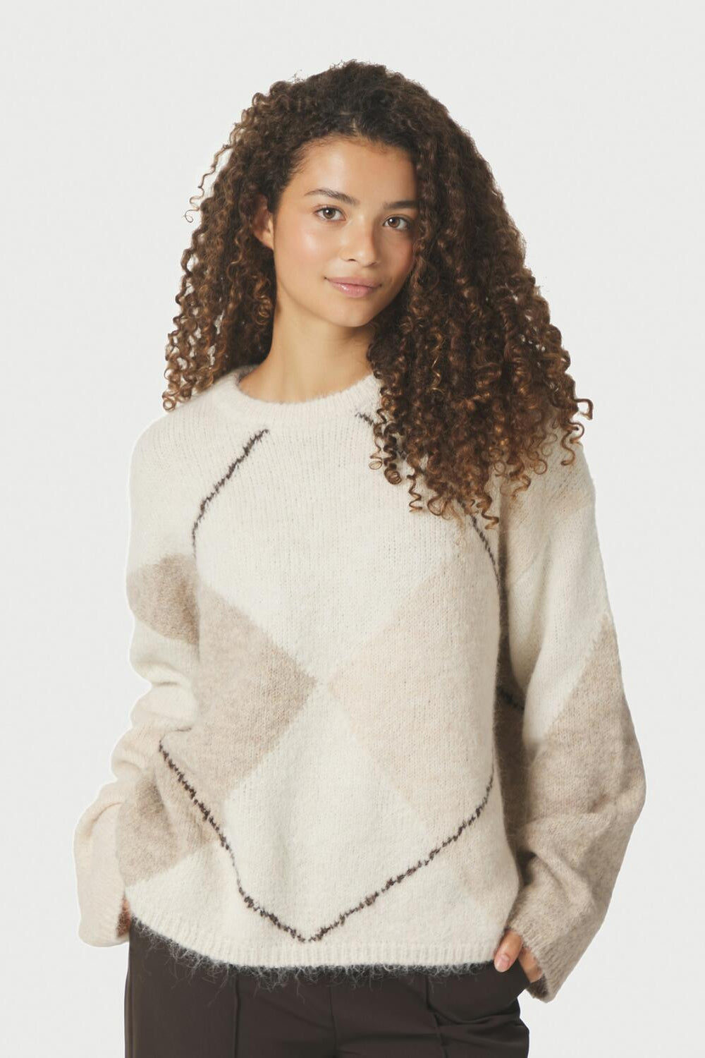 Inga Check Fluff striktrøje - creme