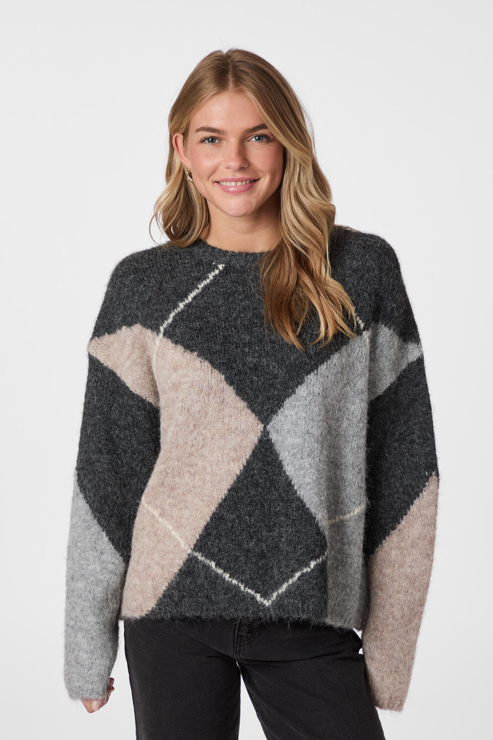 Inga Check Fluff striktrøje - Antracit