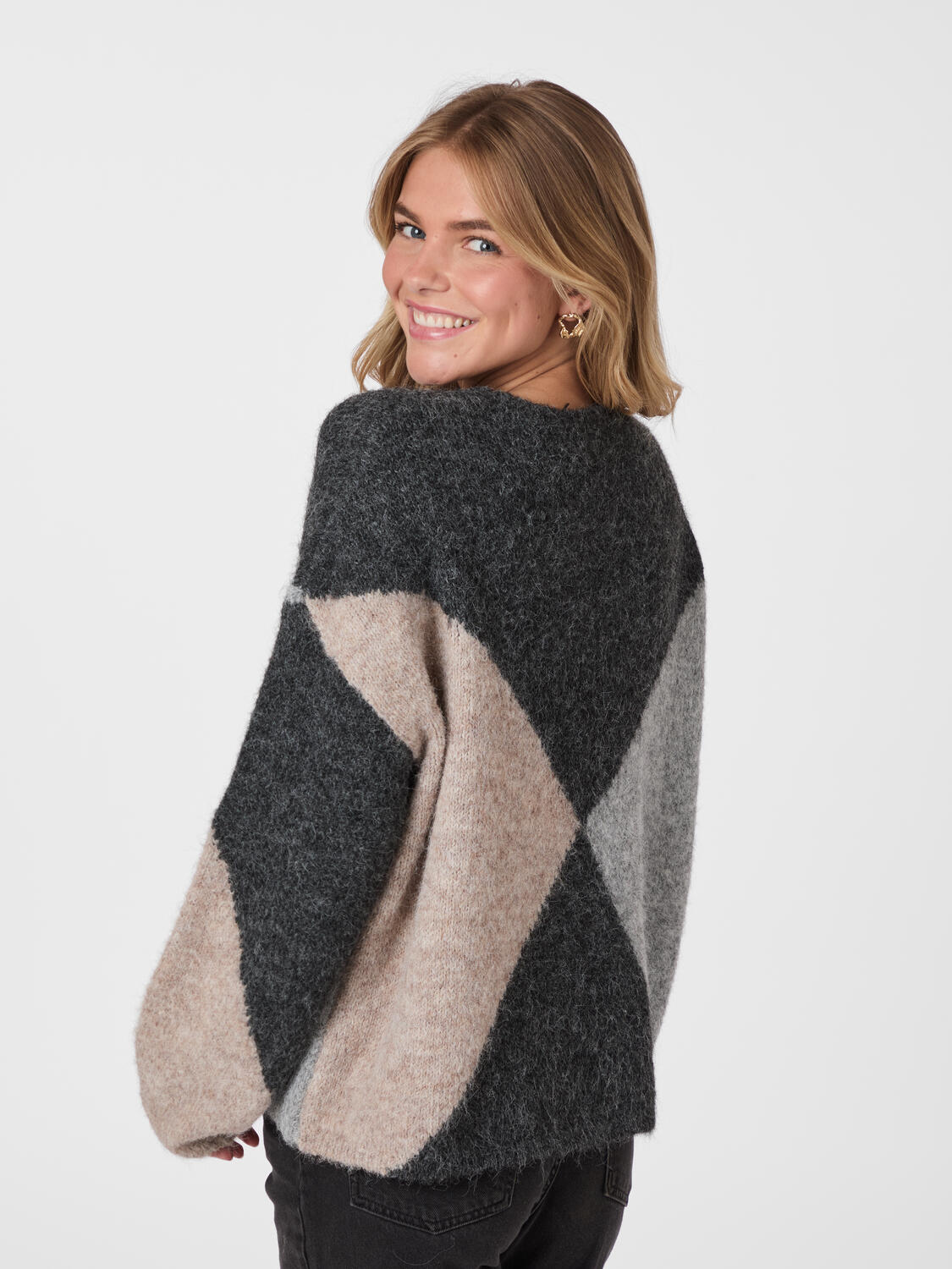 Inga Check Fluff striktrøje - Antracit