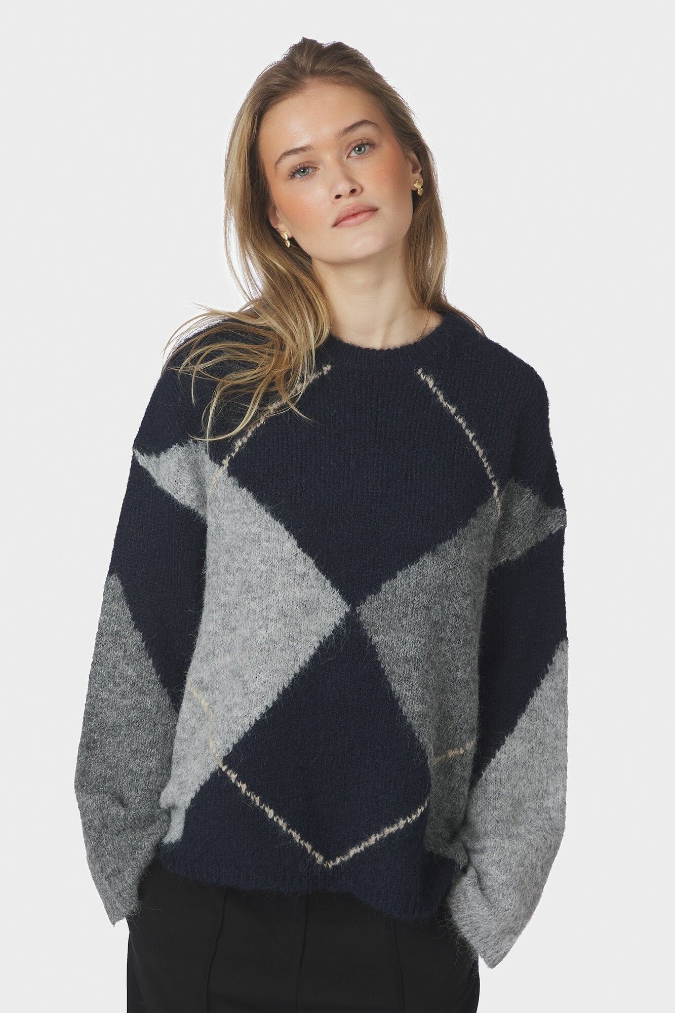 Inga Check Fluff striktrøje - Navy