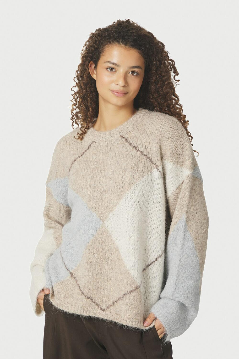 Inga Check Fluff striktrøje - Beige Melange