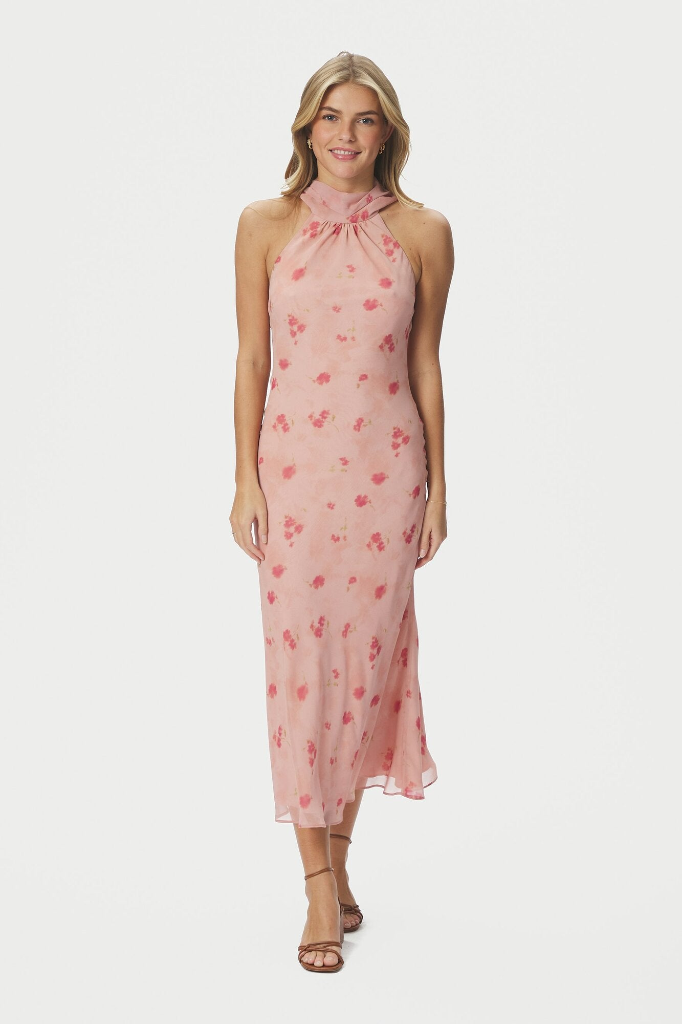 Fiona Blurred Flower Halter Neck kjole - lyserød