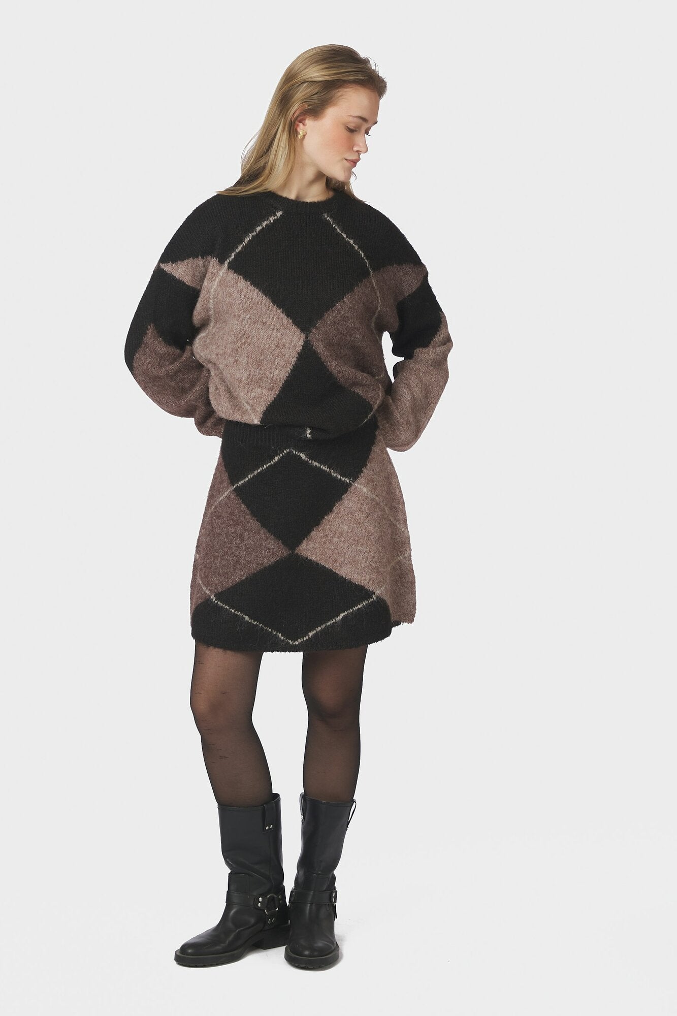 Gisa Check Fluff strikket nederdel - Dark Brown