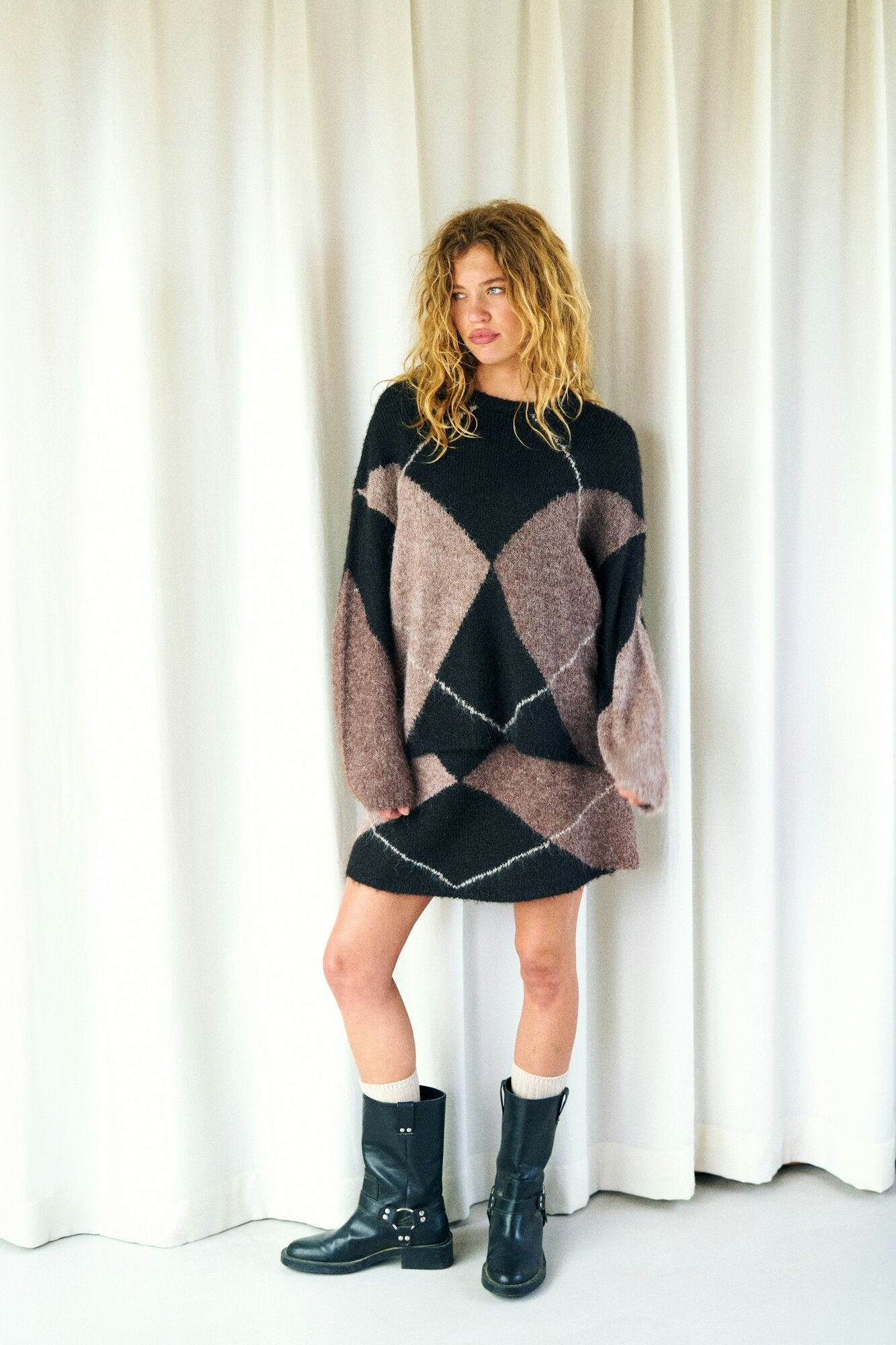 Gisa Check Fluff strikket nederdel - Dark Brown