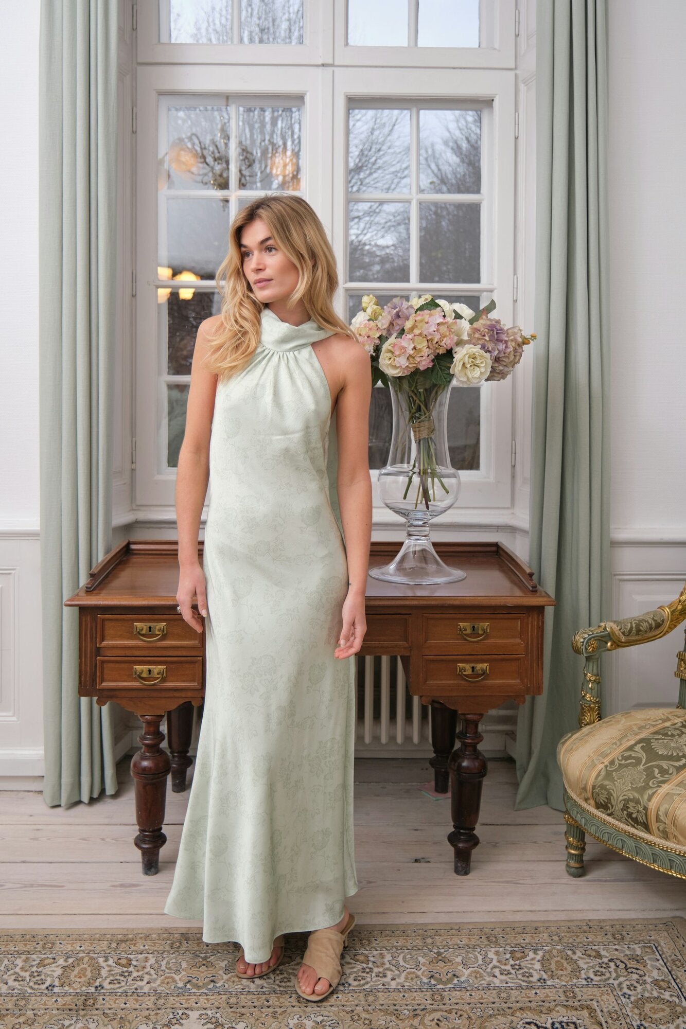 Fiona Pattern Satin kjole - lysegrøn