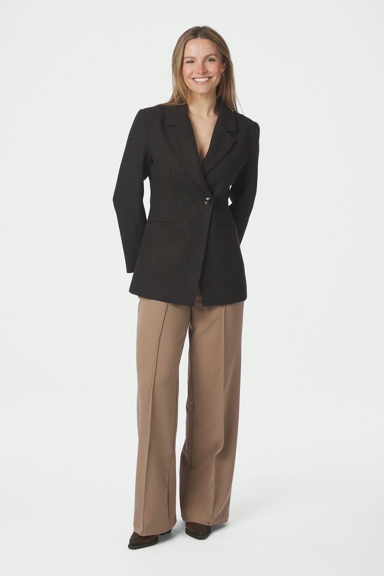Bowie Herringbone uldblazer - Dark Brown