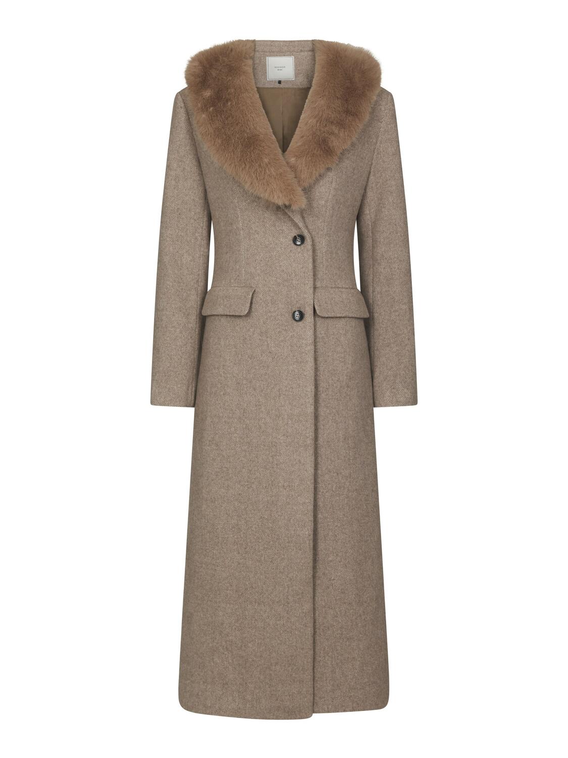 Corina Herringbone Twill uldfrakke – Beige Melange