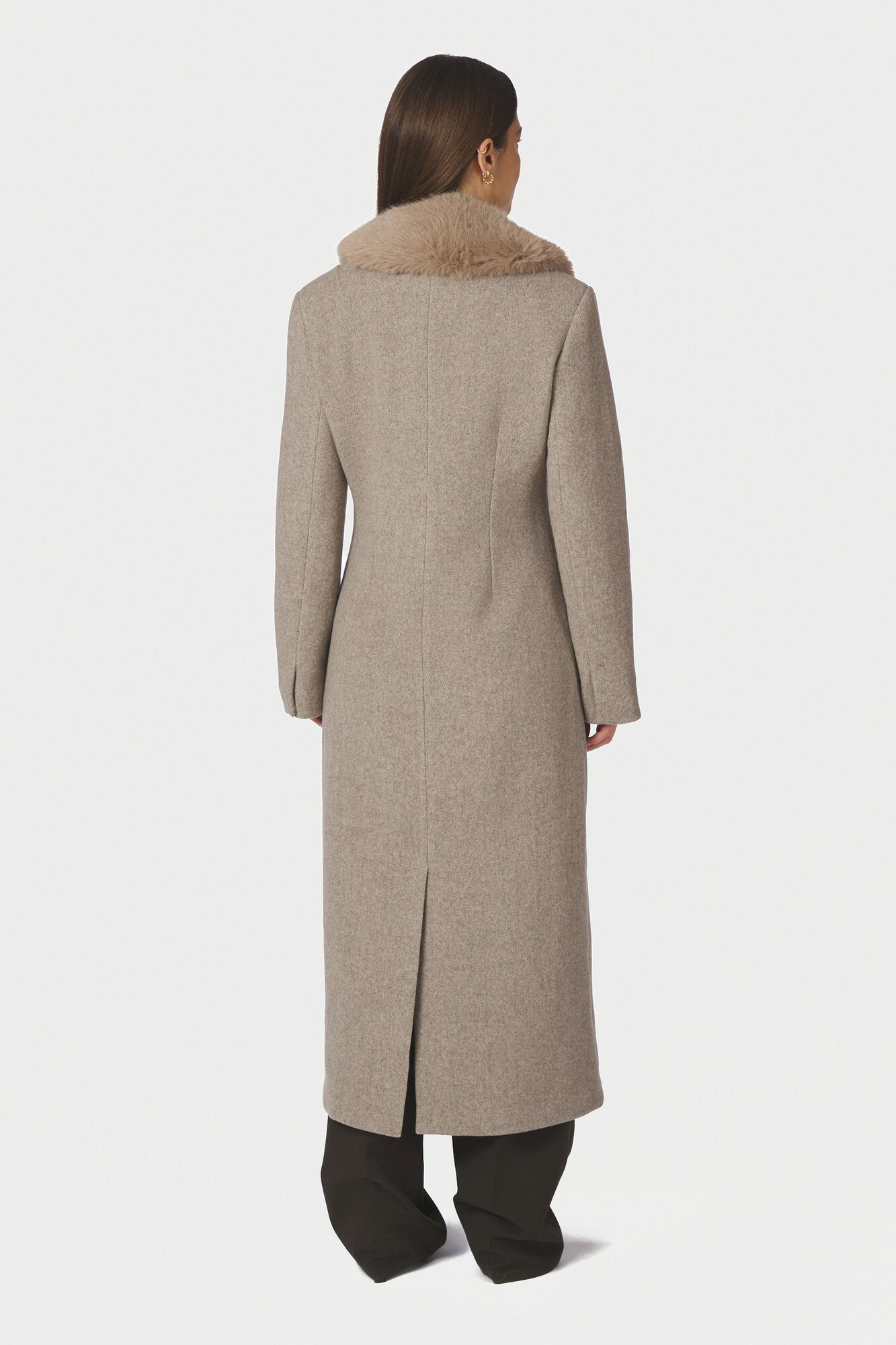 Corina Herringbone Twill uldfrakke – Beige Melange