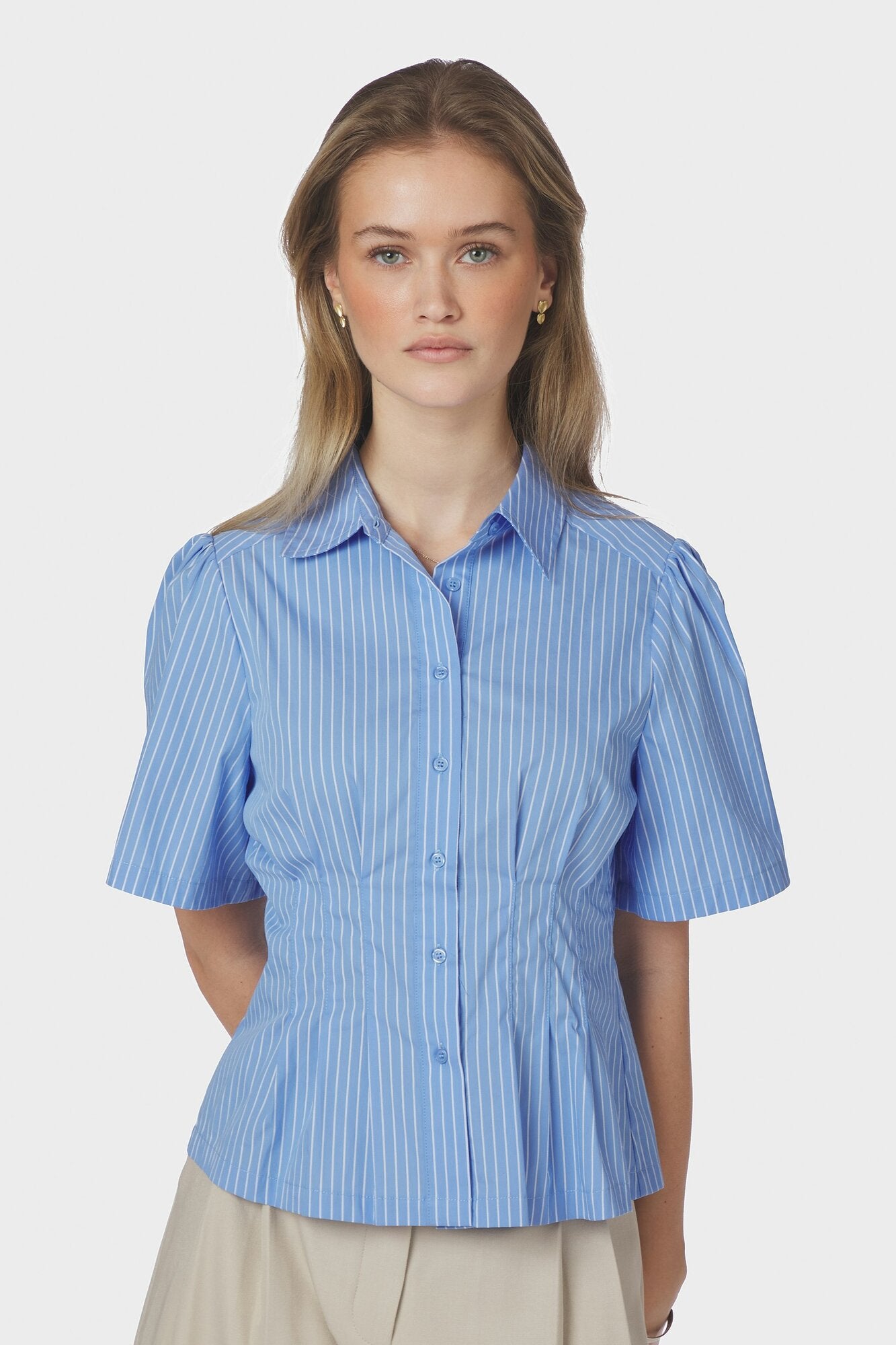Balara Stripe Poplin kortærmet skjorte - lyseblå