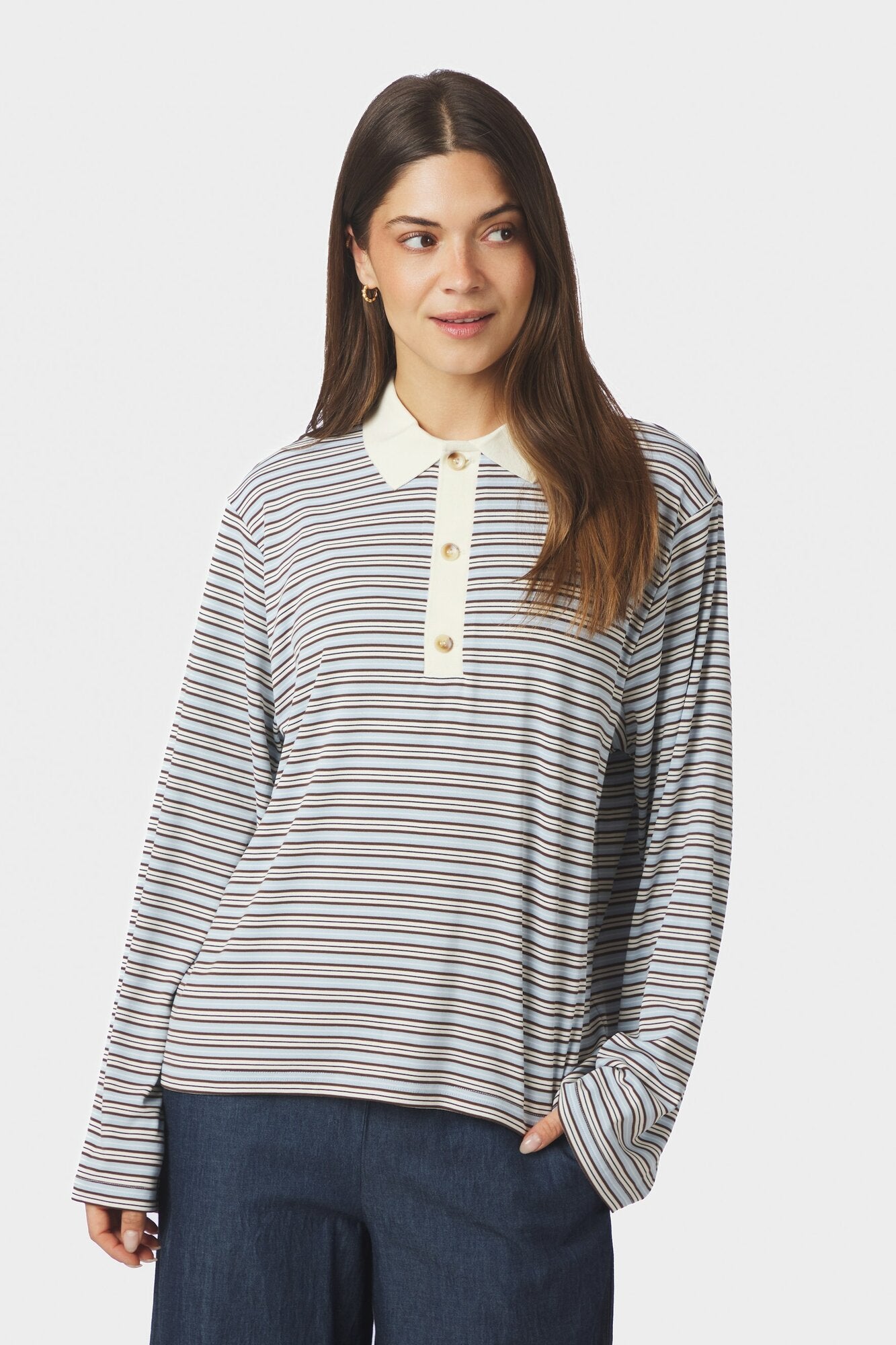Lirenne Striped langærmet polotrøje - Light Blue