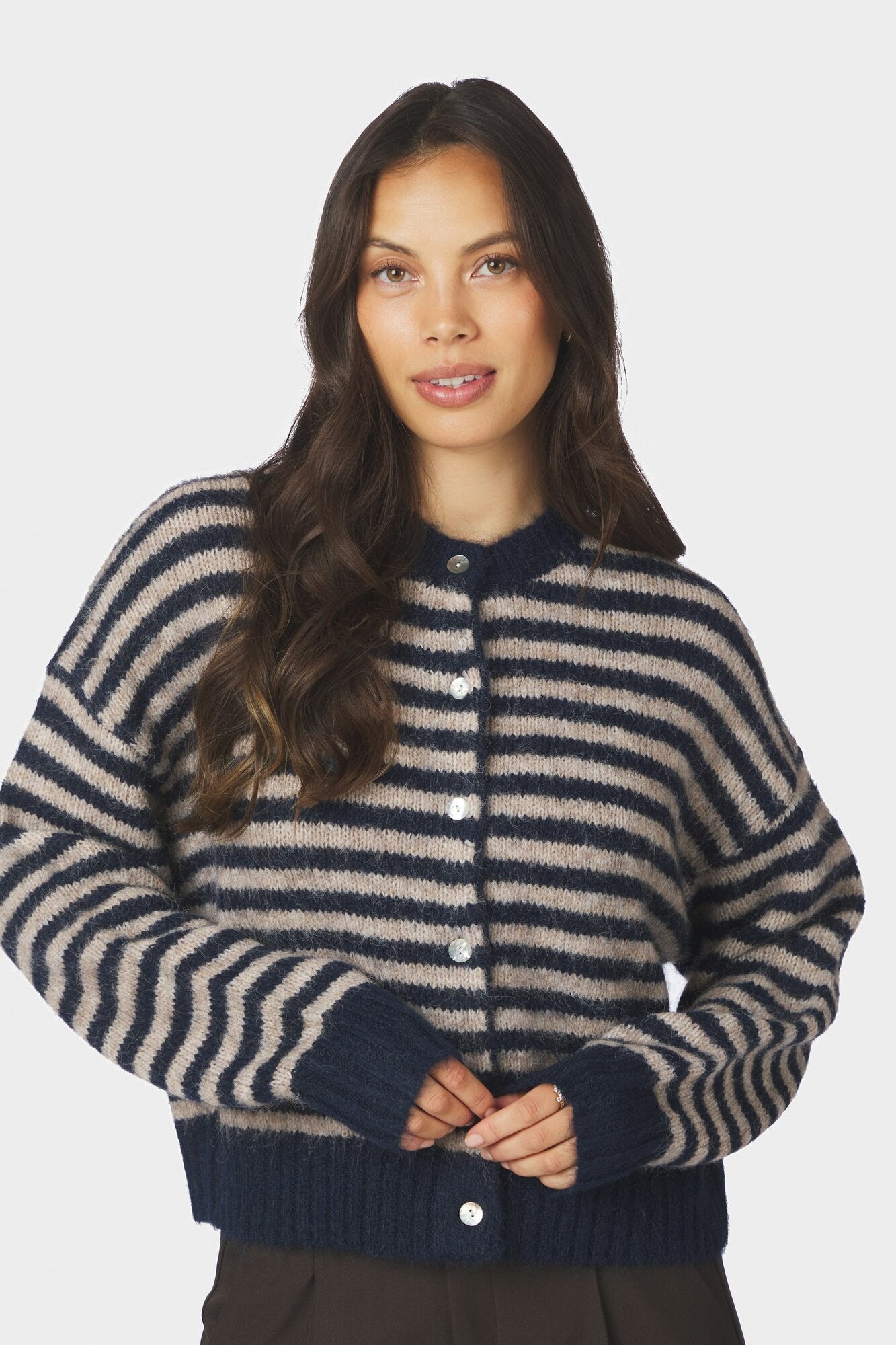 Isana Stripe Fluffy Knit cardigan – Navy Striped