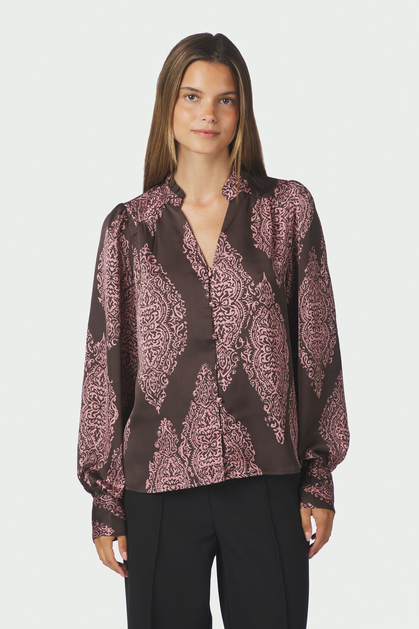 Massima Paisley Drop skjortebluse – Dark Brown/Evening Rose