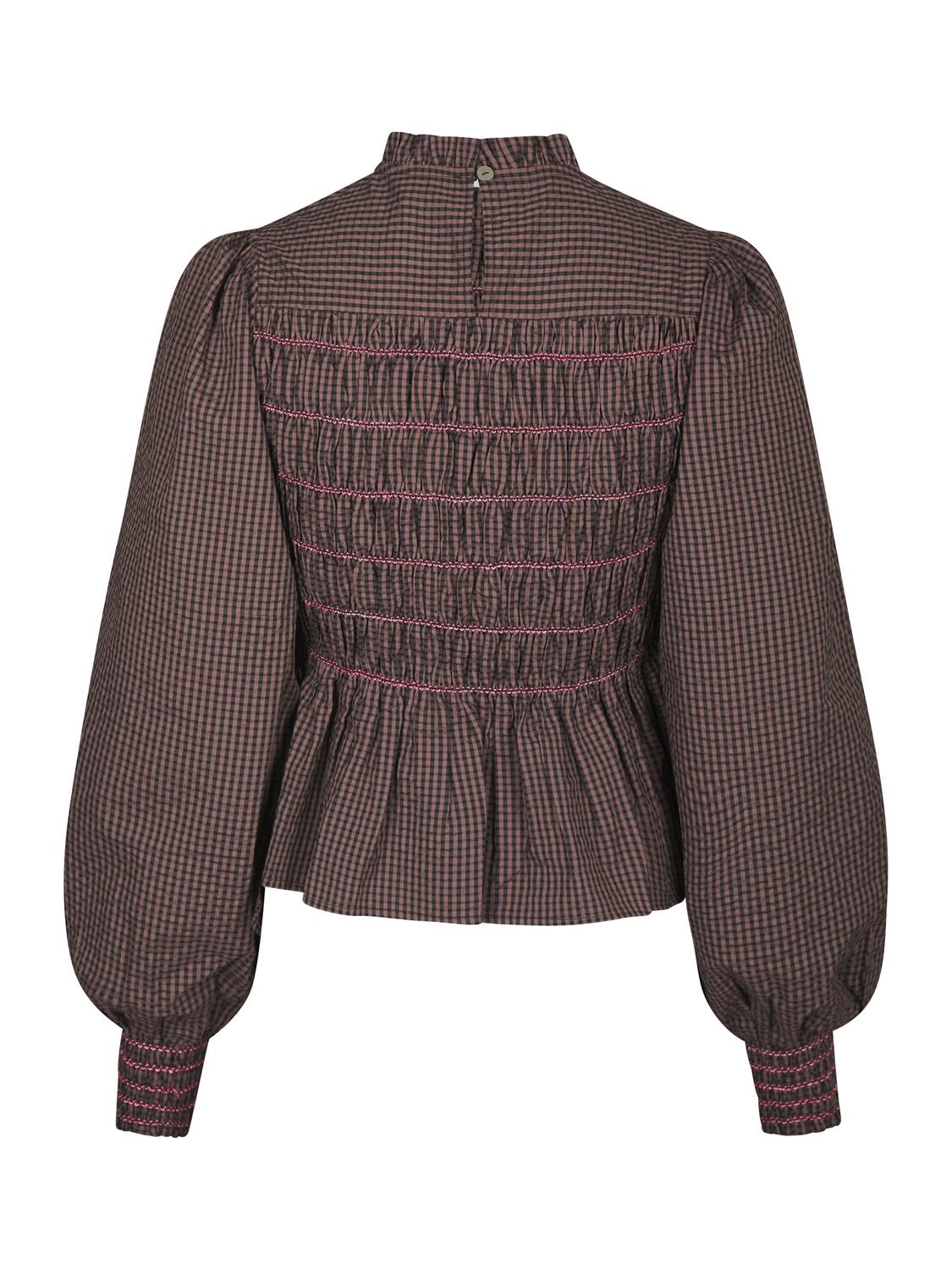 Oliana Check bluse med pufærmer – Dusty Brown