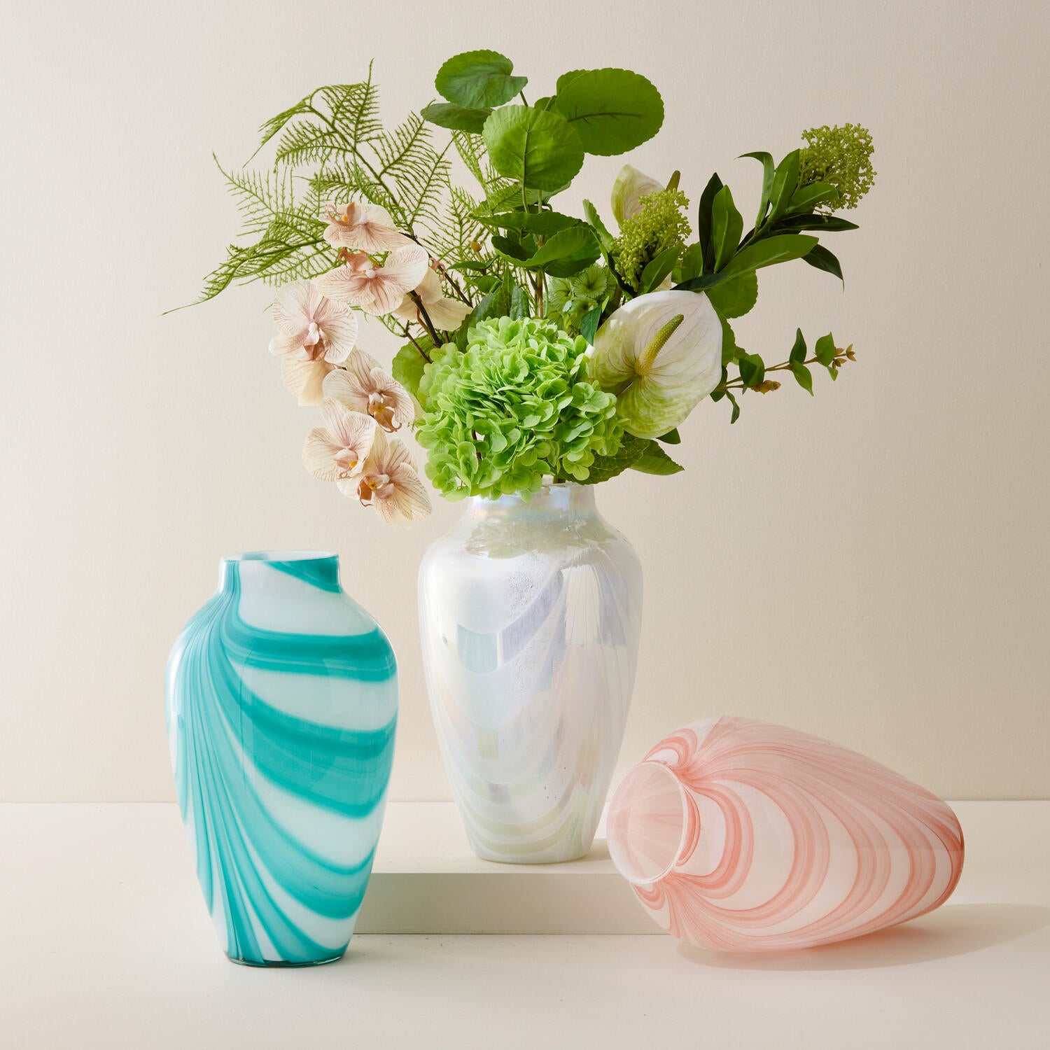 Vase med brede swirl striber, turkis - H35 cm.