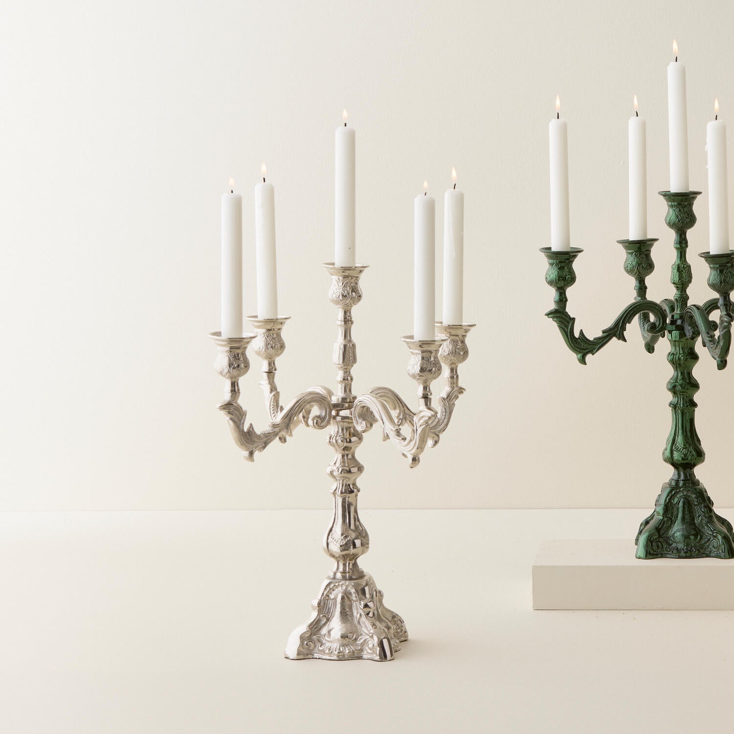 5 armet lysestage, sølvfarvet - H45 cm