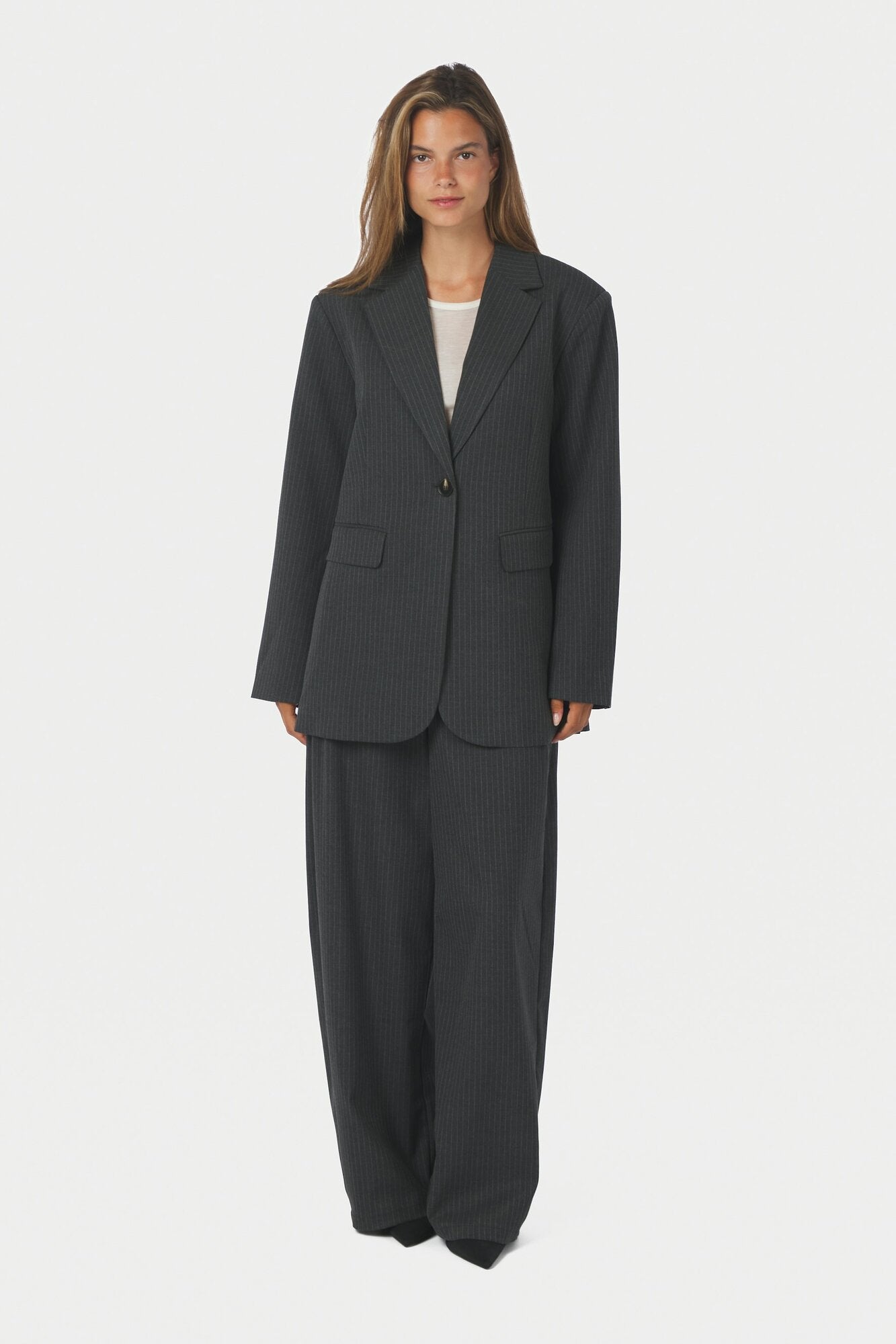 Aarielle Slim Pinstripe blazer – Dark Grey Melange