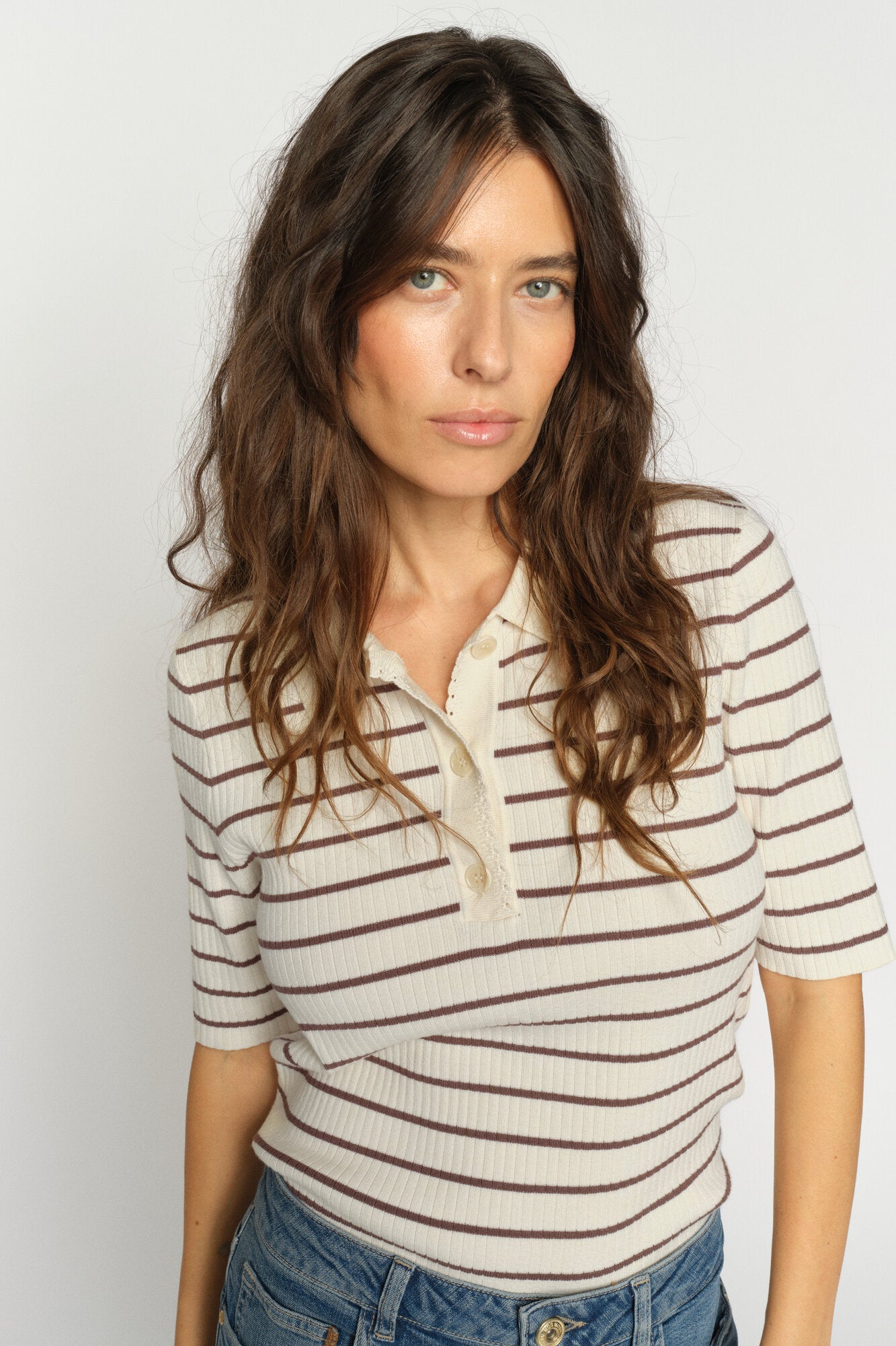 Caliz Stripe Knit polotrøje – Coffee Quartz