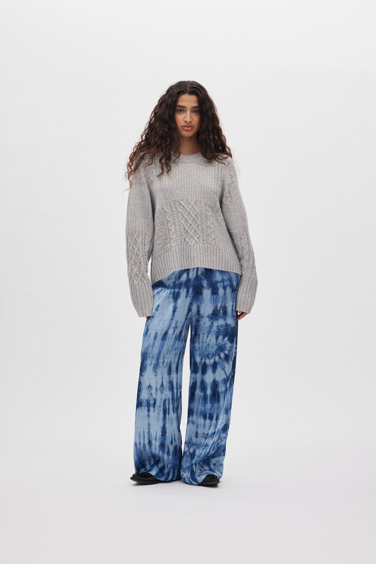 Anli patchwork striktrøje - Light grey melange