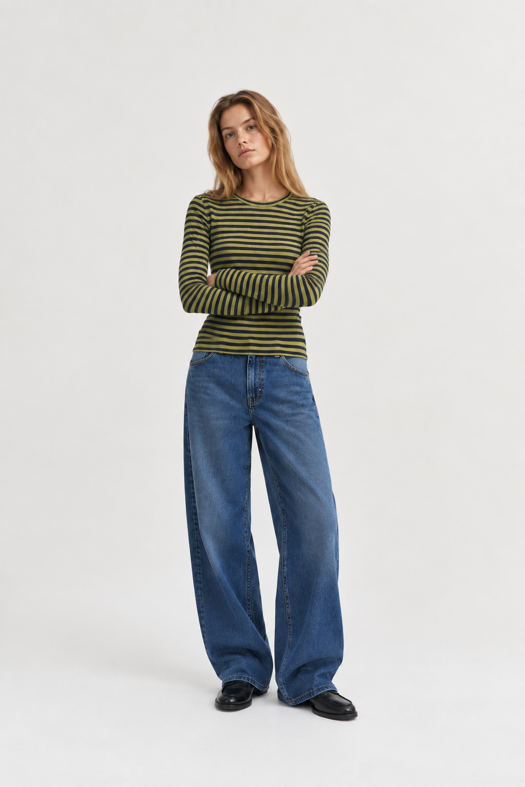 2x2 cotton stripe langærmet t-shirt - Sky captain/Green Olive