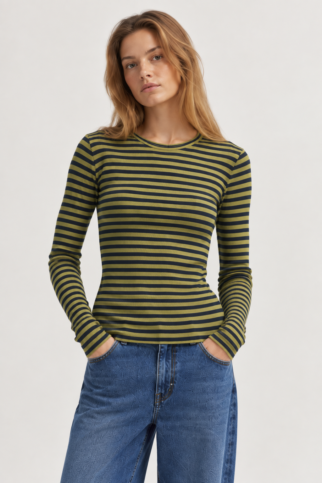 2x2 cotton stripe langærmet t-shirt - Sky captain/Green Olive