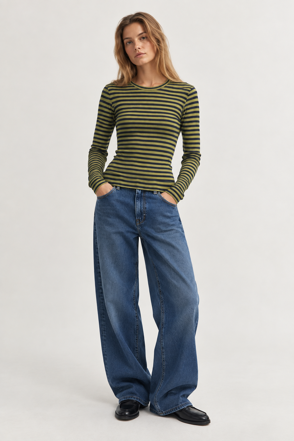 2x2 cotton stripe langærmet t-shirt - Sky captain/Green Olive