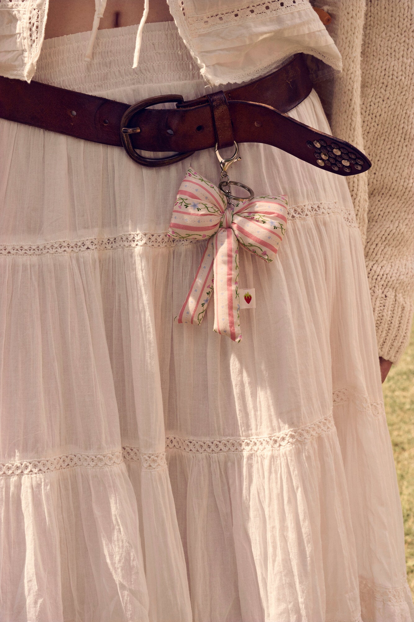 Fabric Bow nøglering - Summer Stripes Peach