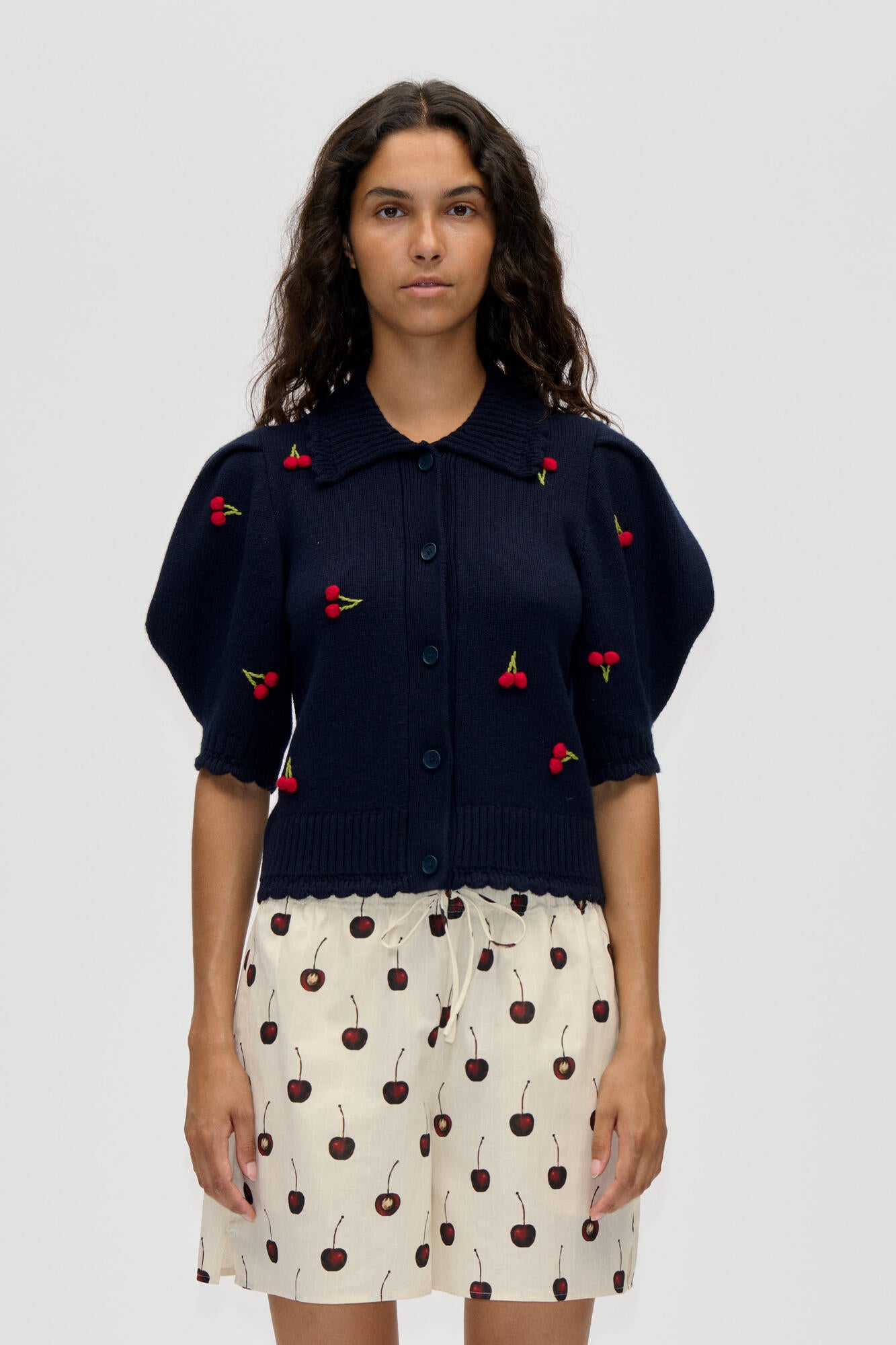 2359 Bobble Knit Polo Cardigan - Cherries Bobble