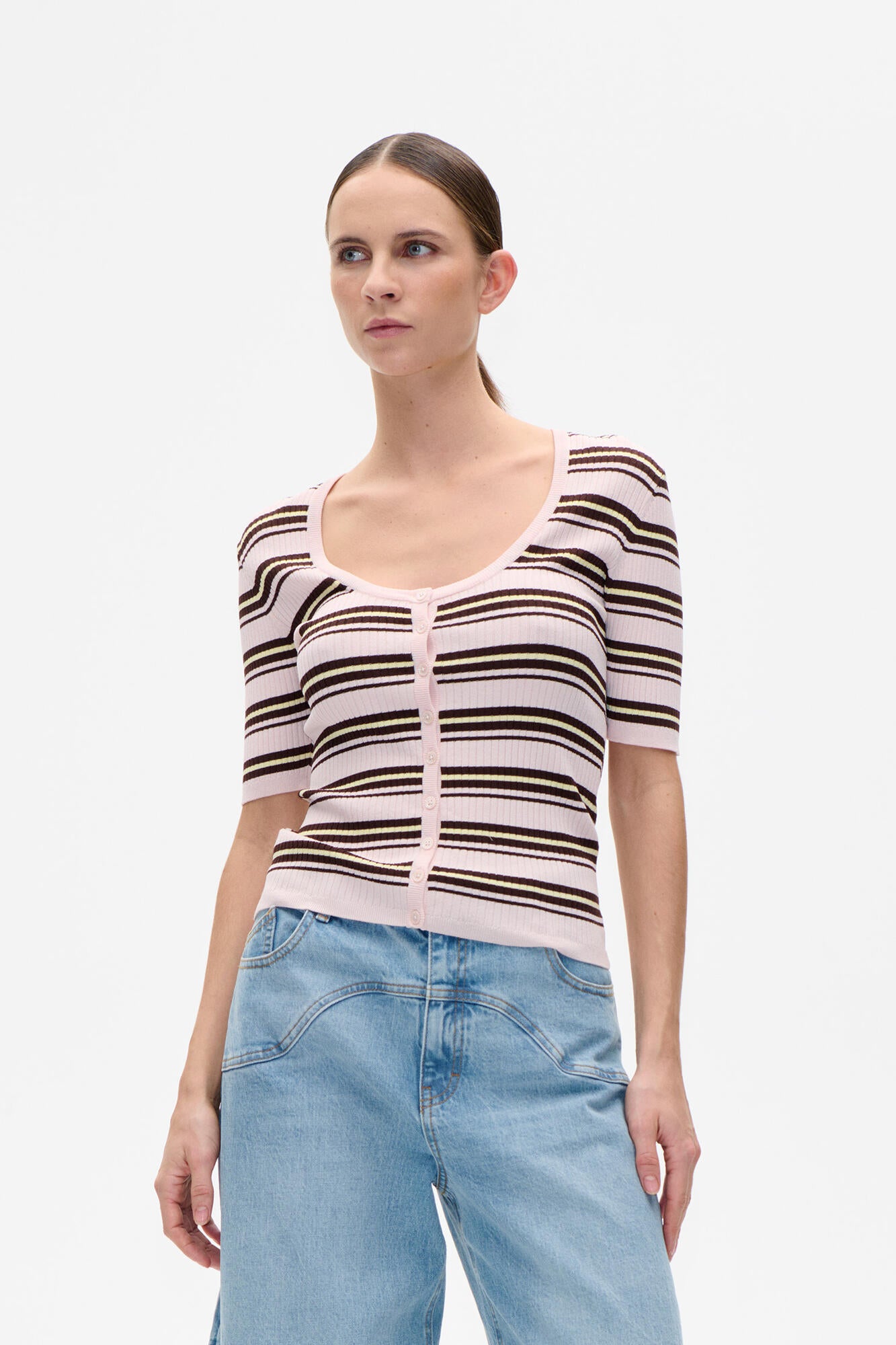 Calyn kortærmet cardigan - Pastel Pink Stripe