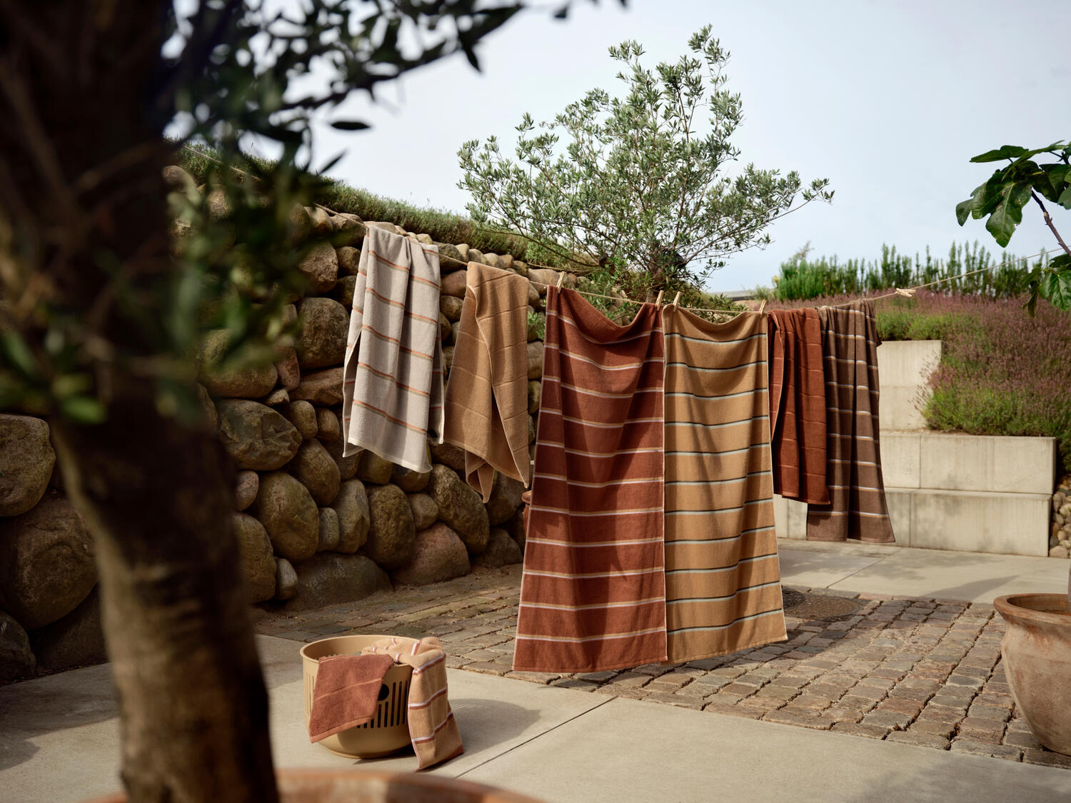 Sauna håndklæde - Taupe/Camel/Sky Blue