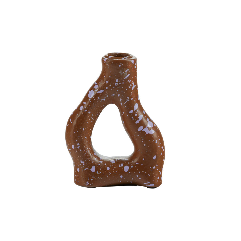 Plettet lysestage, brun/lilla - H13 cm.