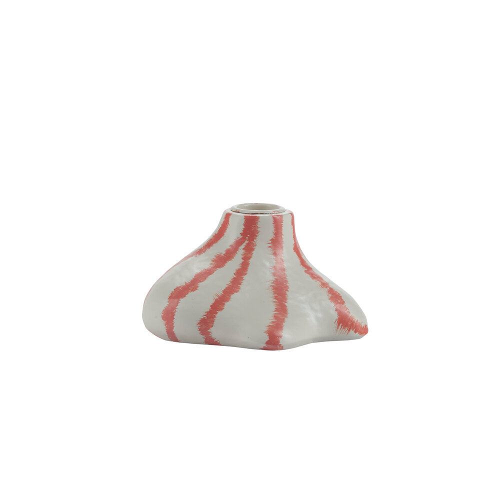 Stribet lysestage, hvid/orange - H6,5 cm.