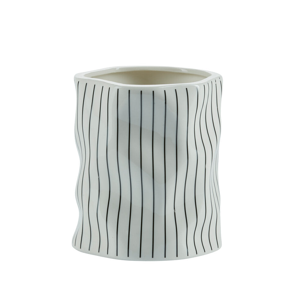 Stribet urtepotteskjuler, hvid - Ø13,5 cm.