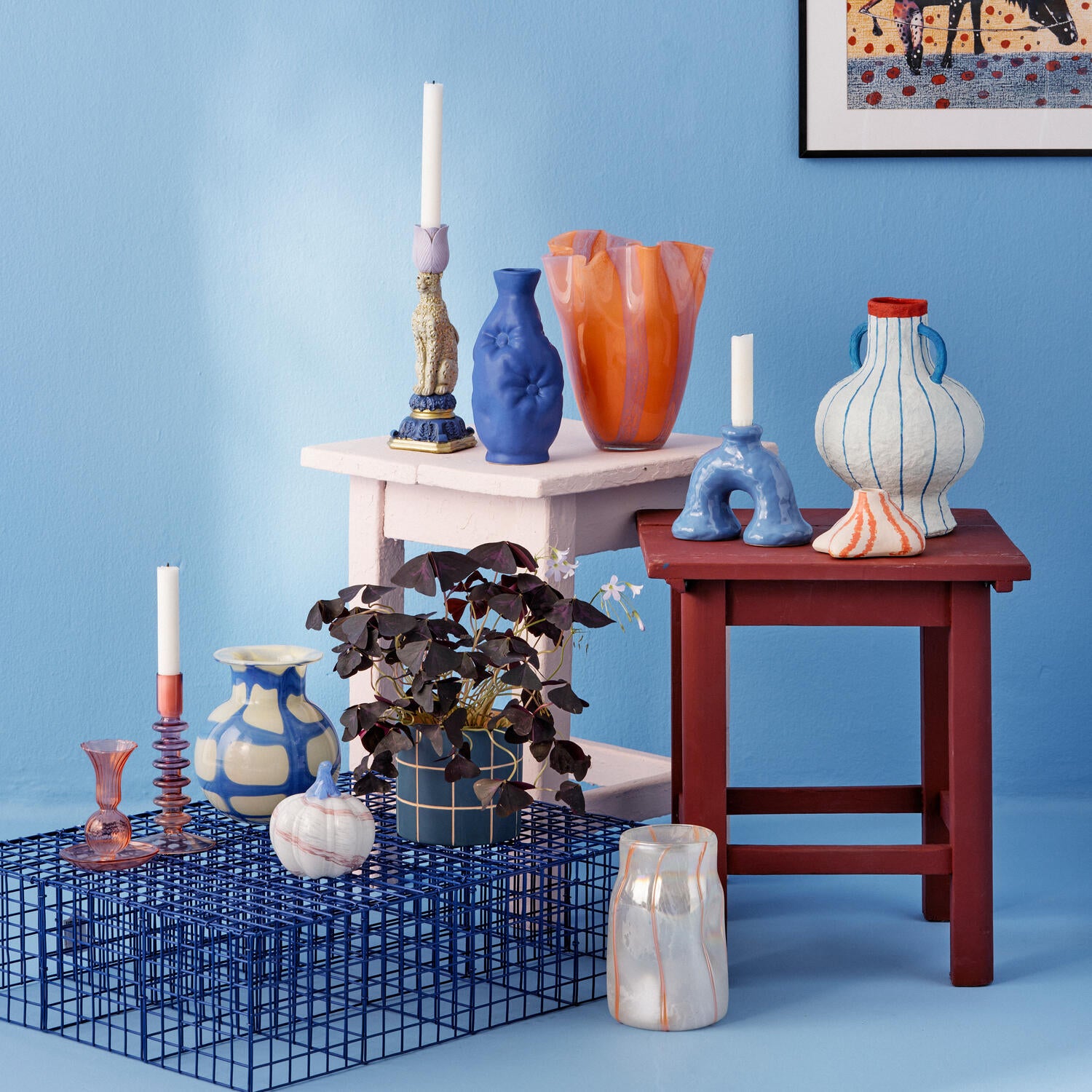 Check vase med hals, gul/blå - H17,5 cm