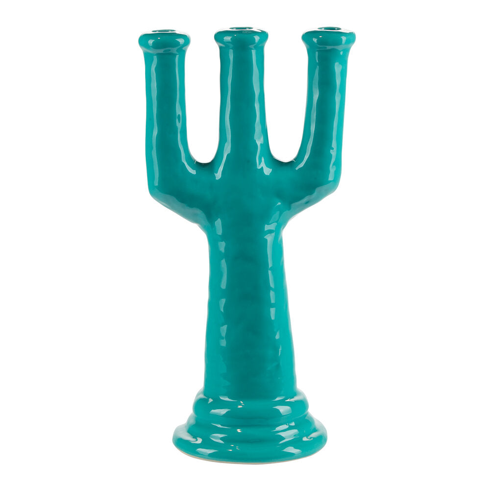 Skulpture trearmet lysestage, turkis - H38,5 cm