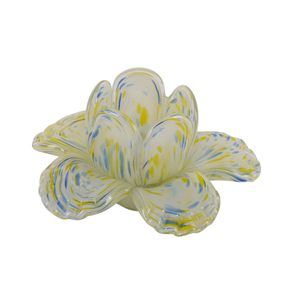 Blomster fyrfadsstage, gul/blå - Ø15cm