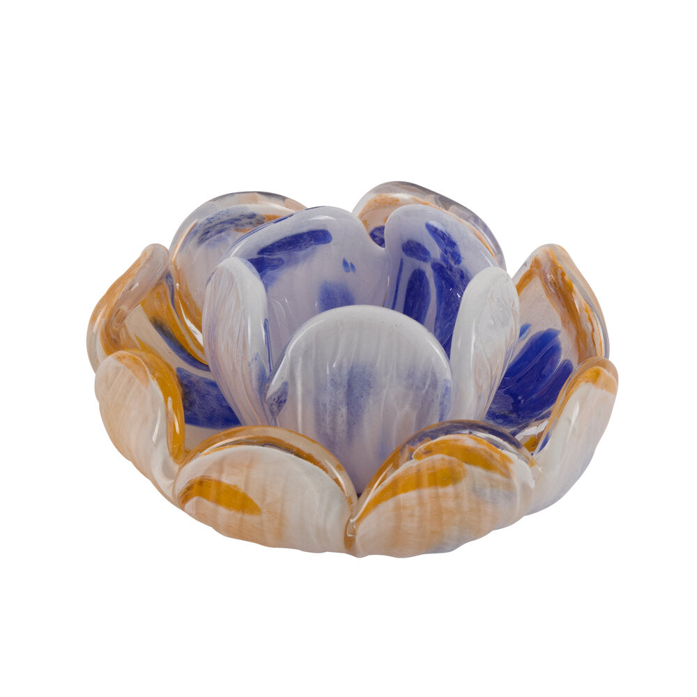 Blomster fyrfadsstage, blå/orange - Ø15cm