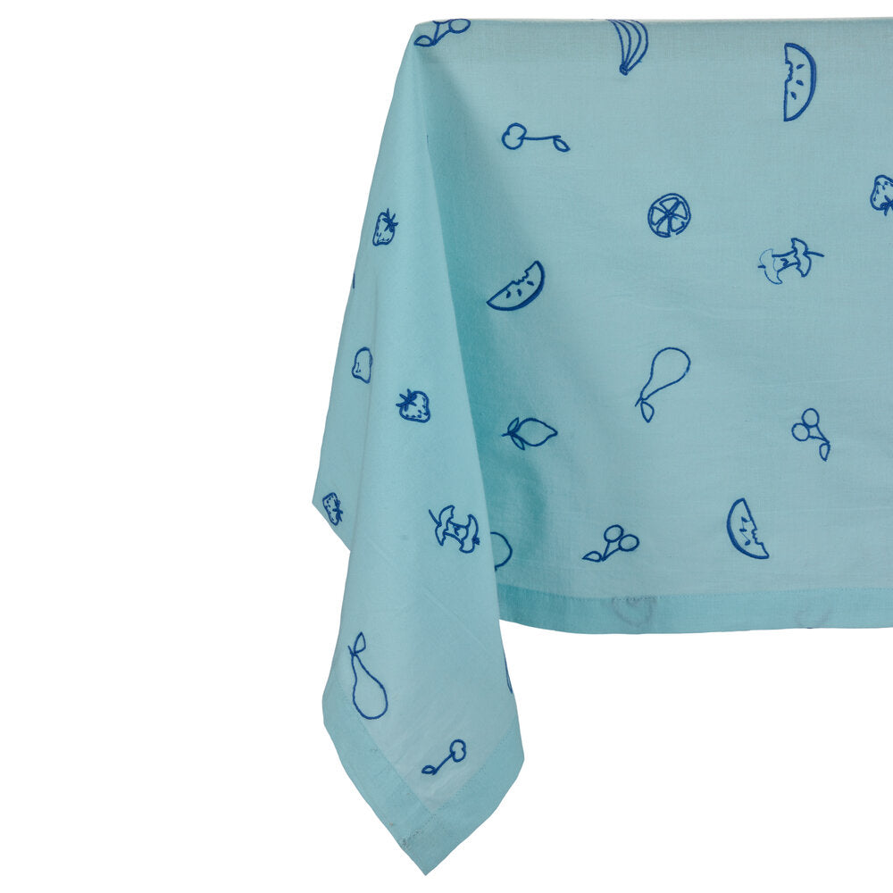 Fruits broderi dug, blå - 140x250 cm.