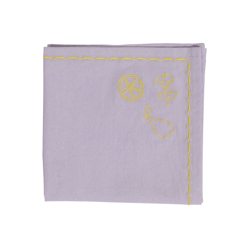 Fruits Broderi mundserviet, lilla/gul - 40x40 cm.