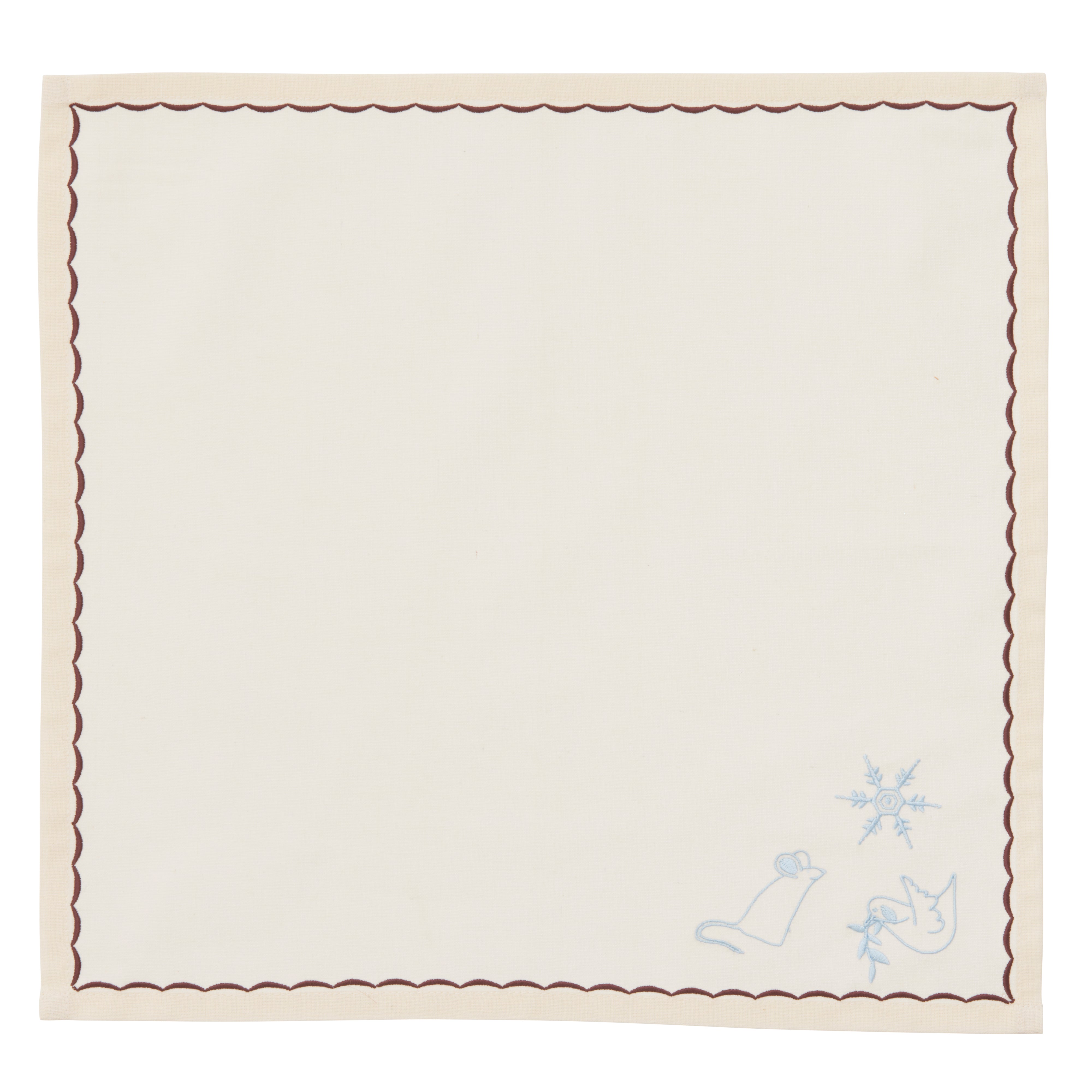 Julebroderet mundserviet, bordeaux/lysblå - 40x40 cm.