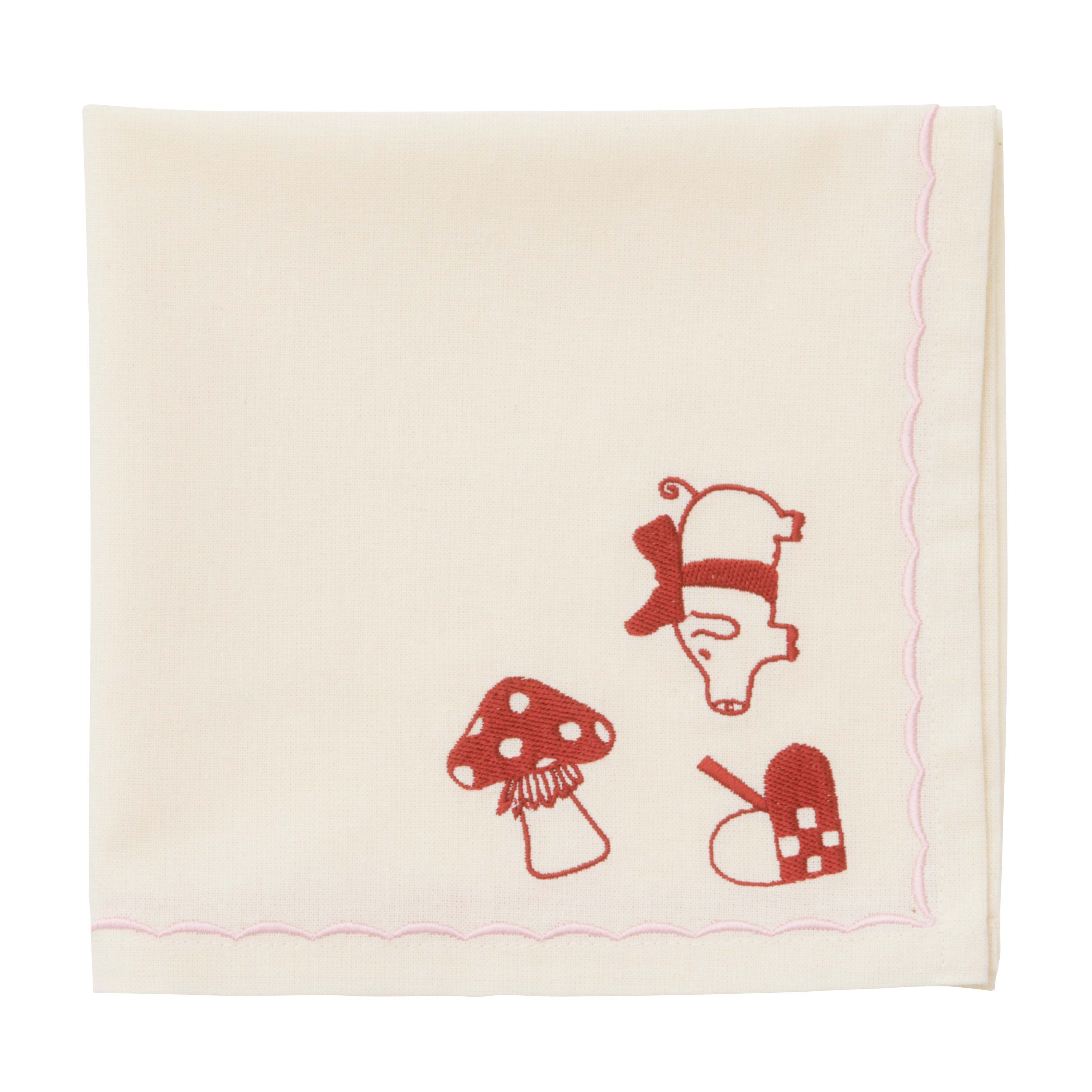 Julebroderet mundserviet, pink/rød - 40x40 cm.