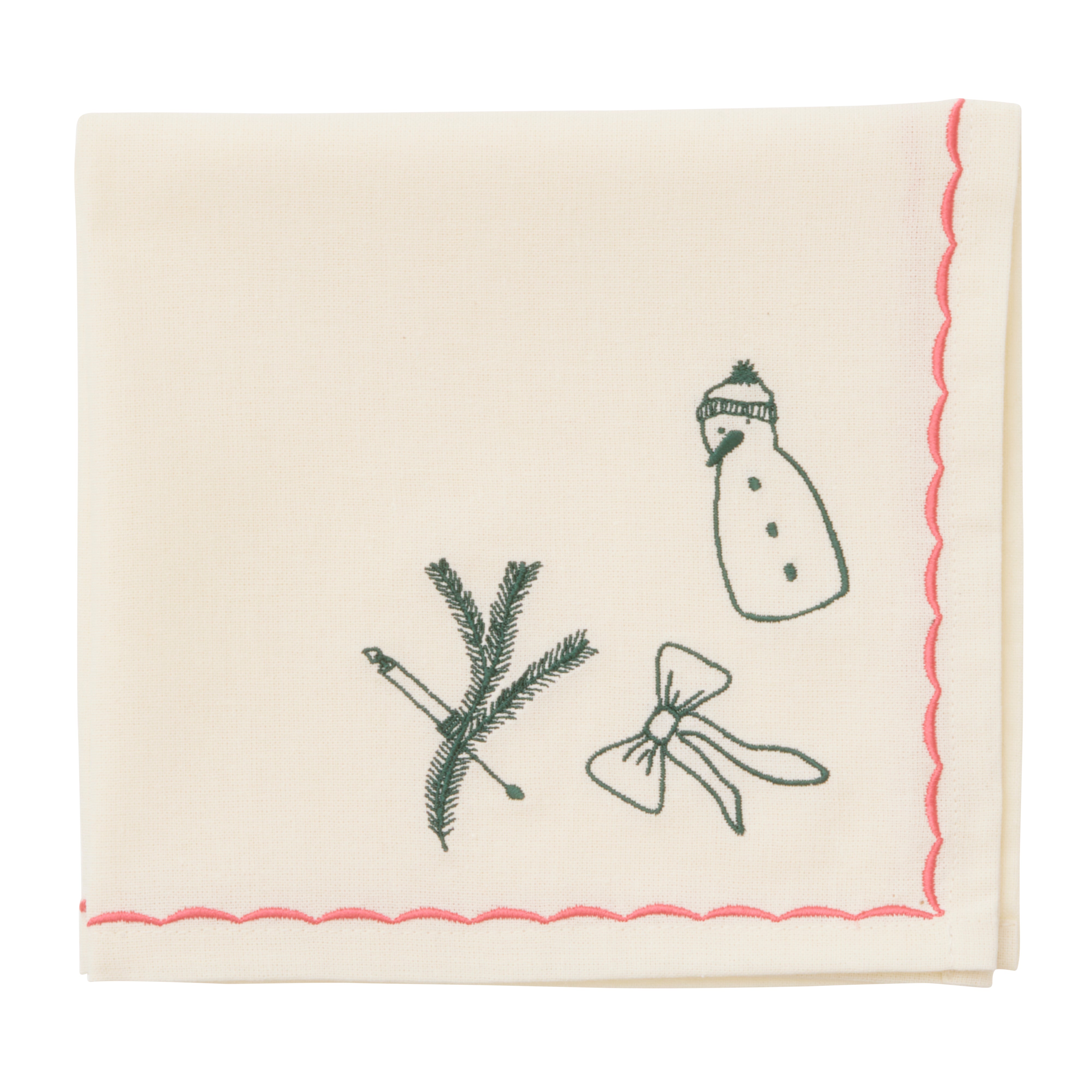 Julebroderet mundserviet, pink/grøn - 40x40 cm.