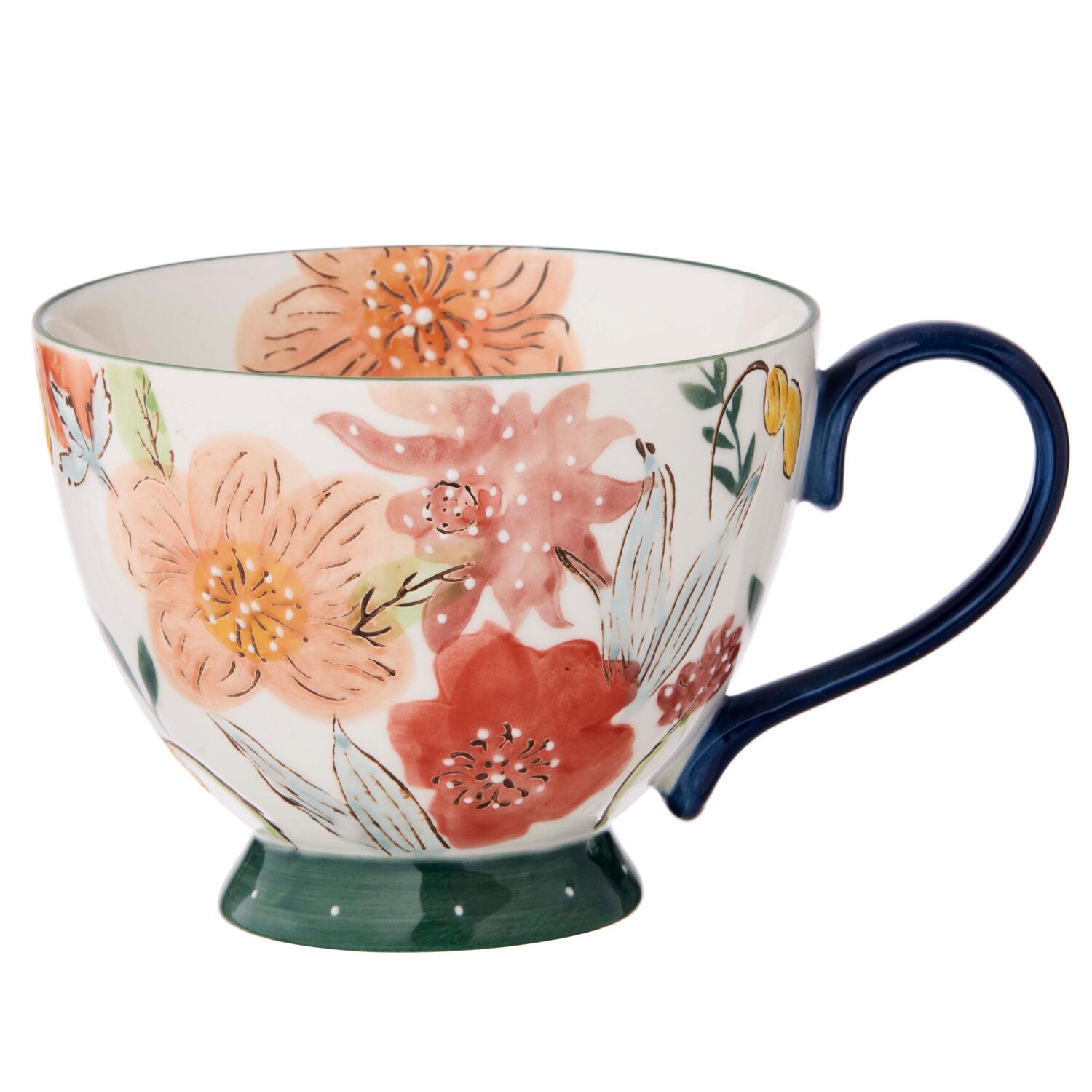 Håndmalet krus m. blomster, orange/blå/grøn - 480ml