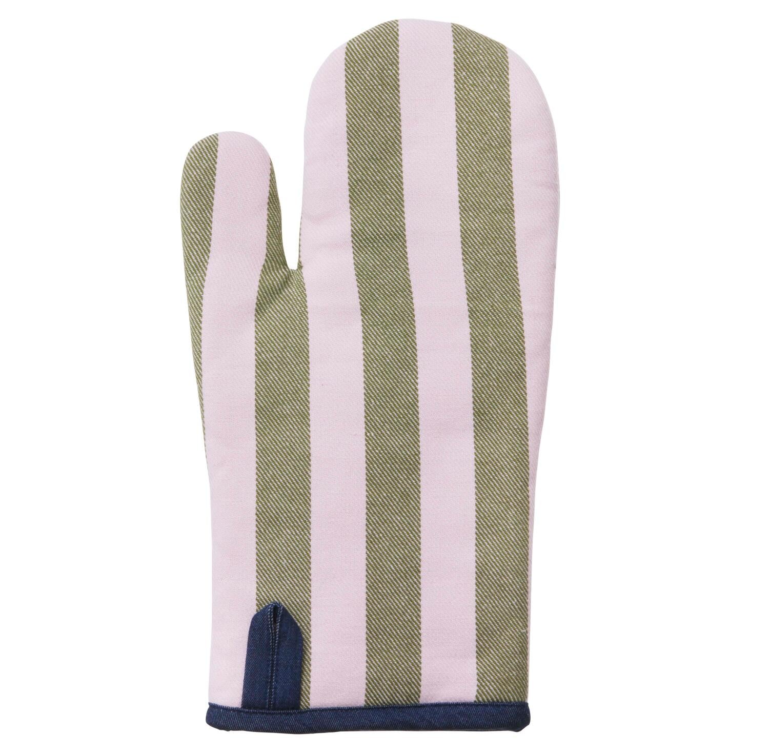 Grill handske m. denim kant, grøn/rosa - L33 cm